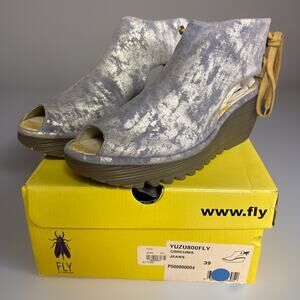 FLY London Yame Corcuma Leather Wedge Sandal Blue Silver Metallic Peep Toe 39